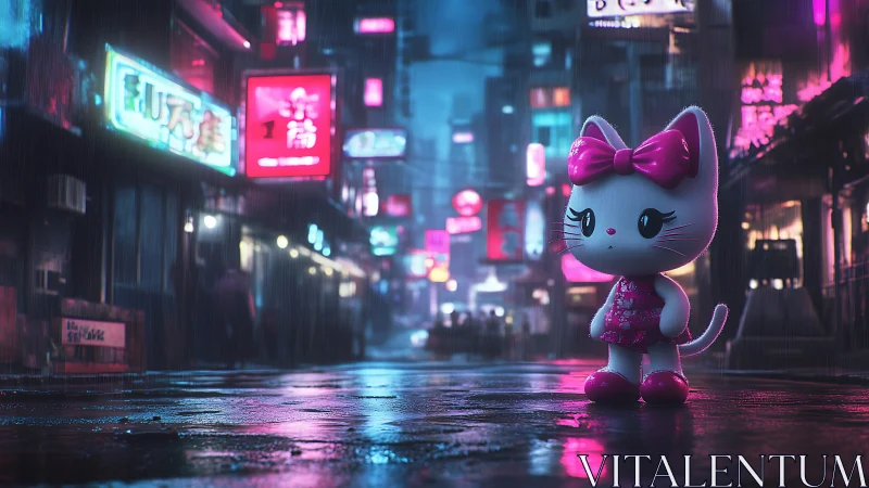 Toy cat figure stands on wet neon street in night rain