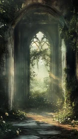 Gothic stone archway frames overgrown sunlit forest path.