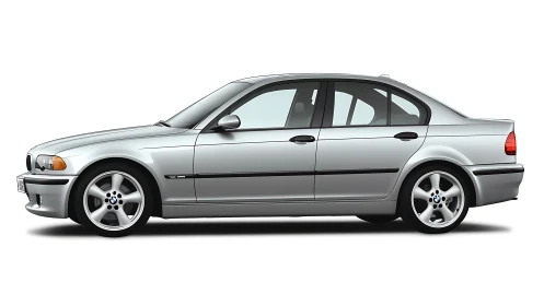 Silver sedan side profile on white background, isolated.