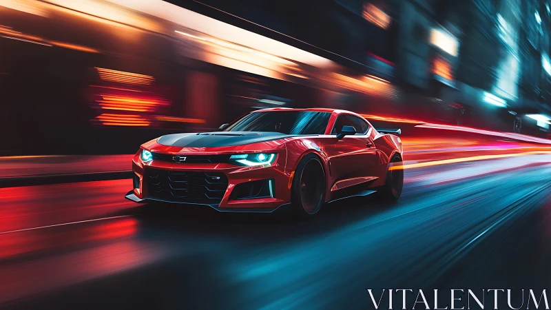 Red sports car on neon city street at night in motion.