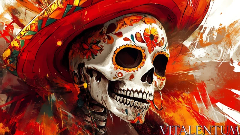 Painted sugar skull revels beneath a blazing red sombrero