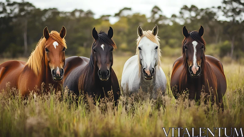 Four standing horses in tall golden meadow grass.