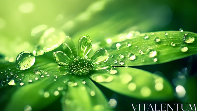 Green flower macro glows under dew lit morning light.