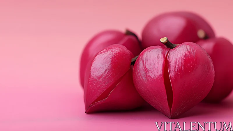 Heart shaped pink fruits rest on a soft romantic backdrop