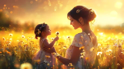 Mother and child standing in sunlit wildflower meadow at dusk