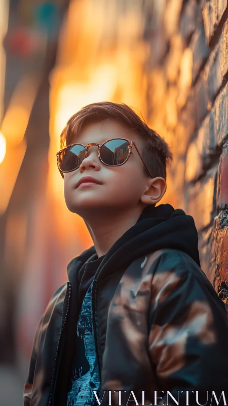 Young subject wearing tinted sunglasses in urban setting