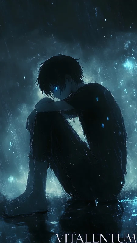Solitary boy with glowing eyes sits in rain-soaked darkness