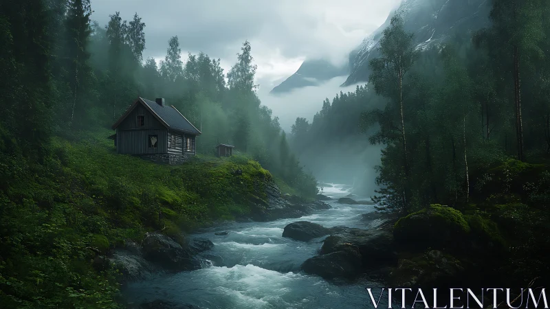 Mountain river cabin in misty evergreen valley at dawn.