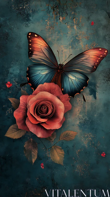 Copper-wing butterfly and rose on teal textured backdrop.
