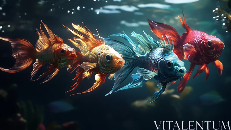 Digital painting of luminous ornamental fish in dynamic flow.