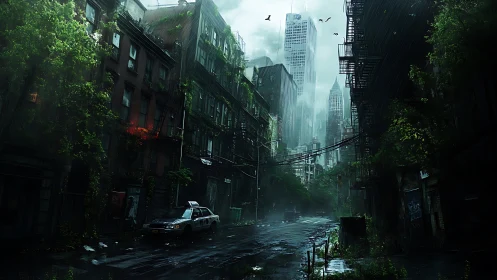 Digital painting of overgrown post-apocalyptic city street scene.