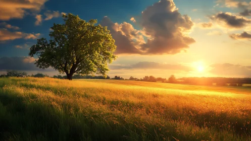 Solitary tree in golden field at low warm sunset light.