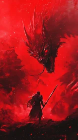 Lone armored warrior confronts shadow dragon in red void.