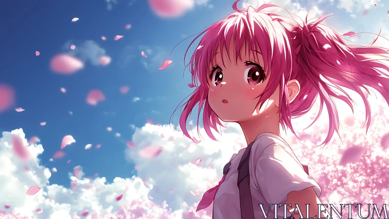Pink haired girl gazes upward under swirling cherry blossoms