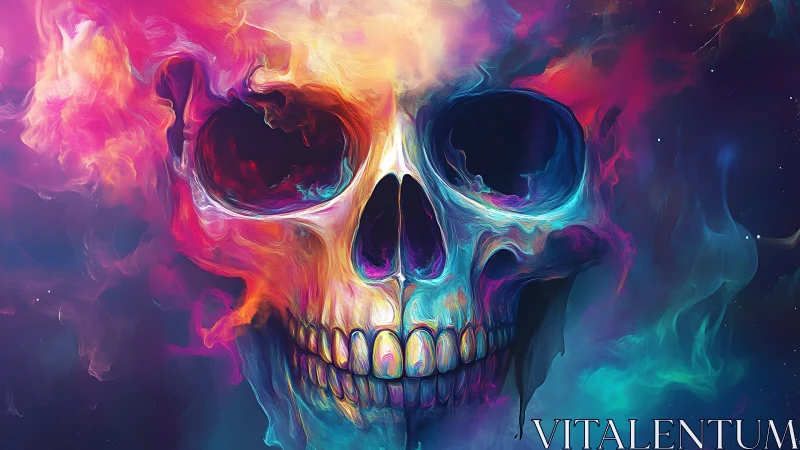 Neon cosmic skull dissolves into swirling chromatic nebula.