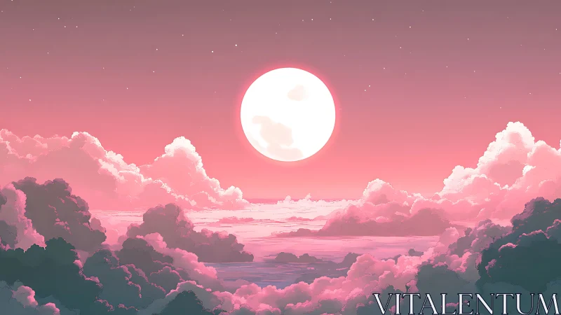 Full moon above layered clouds in pink sky at dusk.