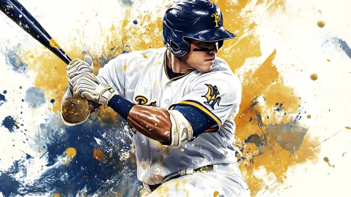 Baseball hitter drives bat through bold splatter color storm.