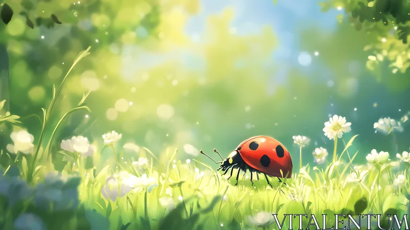Ladybug wanders through sunlit meadow in gentle spring glow