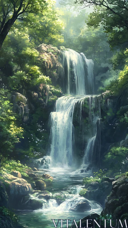 Sunlit tiered waterfall descending through emerald forest.