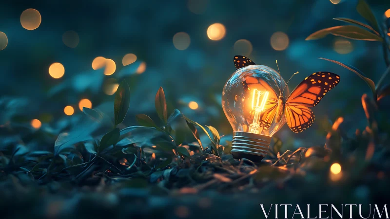 Glowing light bulb with orange butterfly in twilight meadow.