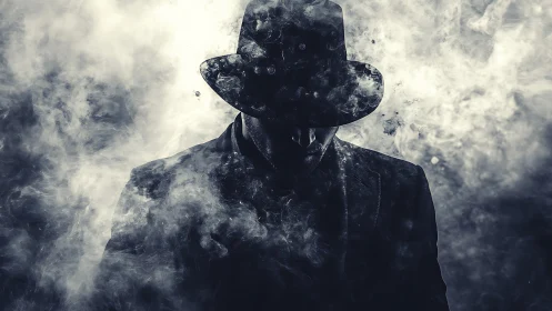 Smoke‑veiled stranger in shadowed hat stalks the gloom.