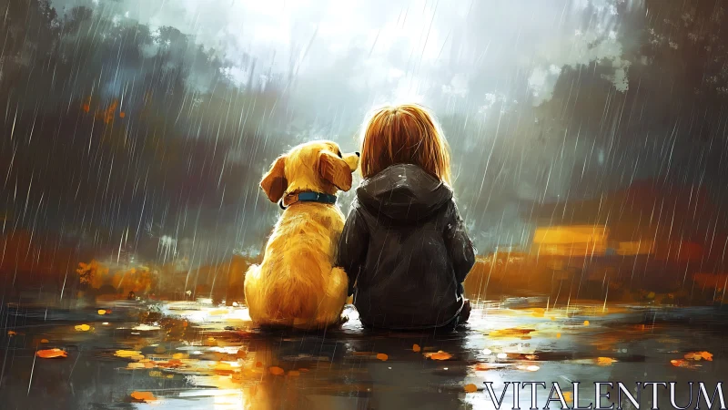 Child and dog share quiet rainstorm reflection moment.