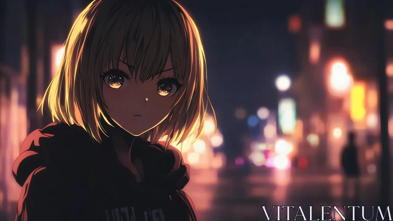 Moody blond anime teen in hoodie under neon night bokeh
