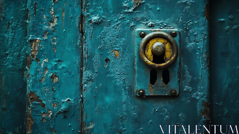 Rusting metal door lock sits in flaking turquoise paint