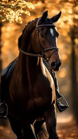 Sunlit dressage stallion carves molten gold from autumn air