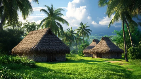 Vernacular architectural cluster with thatch-roof conical dwellings in tropical landscape