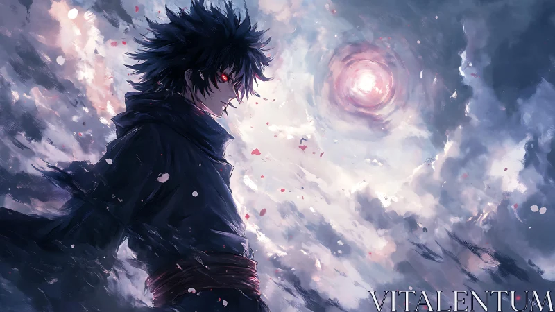 Dark mage under swirling sky vortex with crimson gaze.