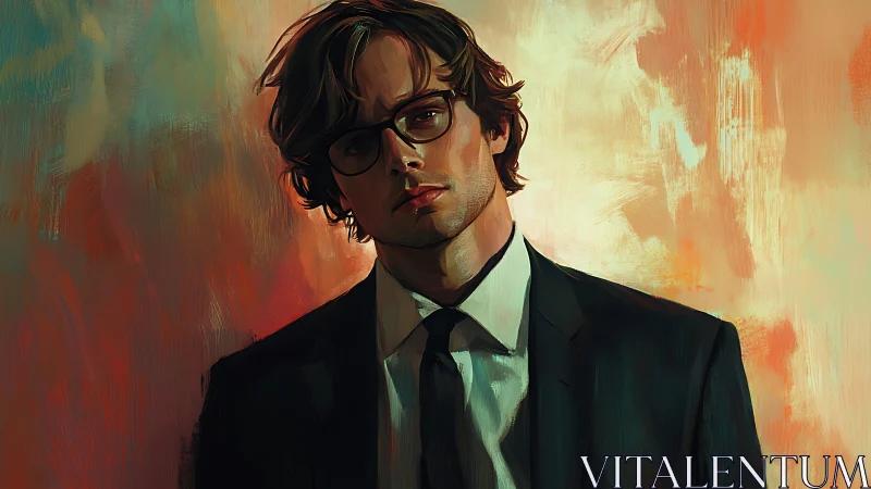 Chromatic portrait of suited figure in soft spectral lighting.