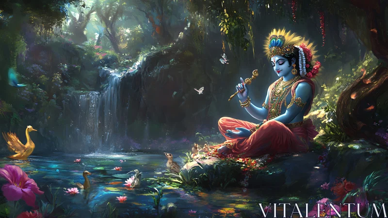 Blue-skinned figure meditates by forest pond with waterfall