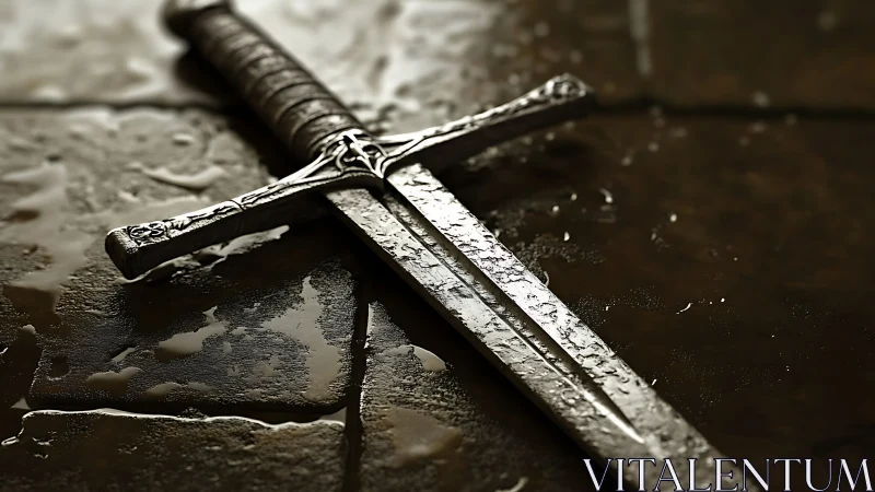 Weathered medieval sword resting on wet stone floor.