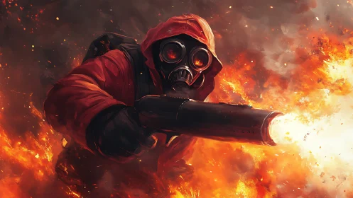 Firefighter in Red Gear Deploying Flamethrower in Intense Blaze