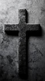 Dark textured cross on worn stone background surface.