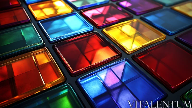 Colorful glass tiles form geometric reflective grid pattern