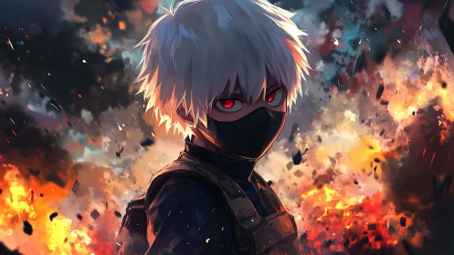 Masked white-haired anime antihero amid explosive chaos.