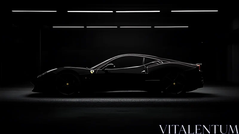 Sleek black supercar resting quietly in a moody garage.