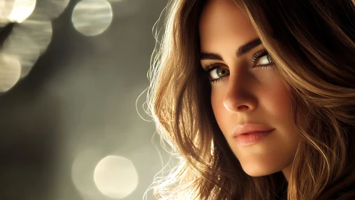 Close-up portrait of woman with backlit wavy hair detail.
