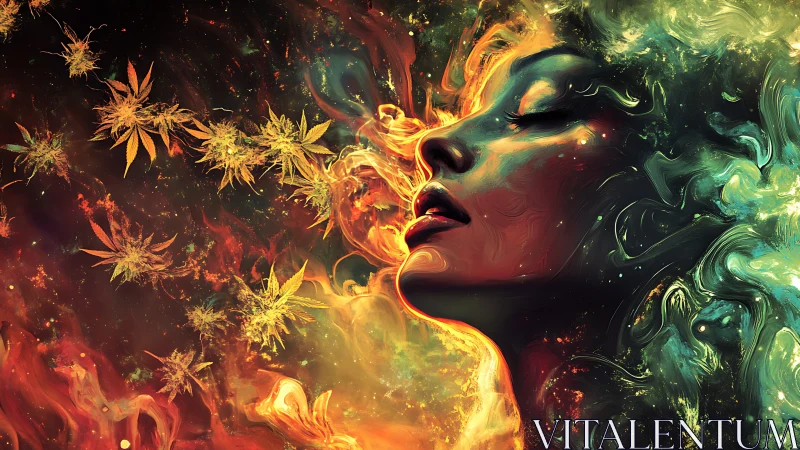 Dreamlike female profile drifts through cosmic smoke and leaves
