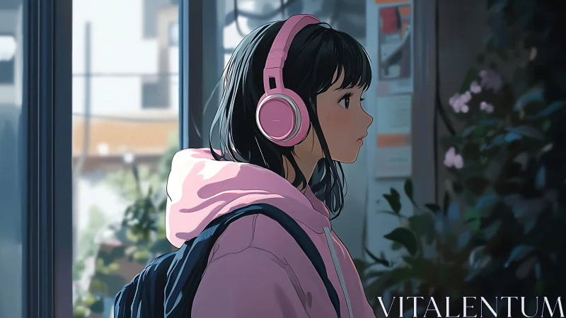 Girl with headphones at window in soft urban lighting.