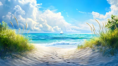 Sunny sailboat on blue ocean viewed from sandy dunes.