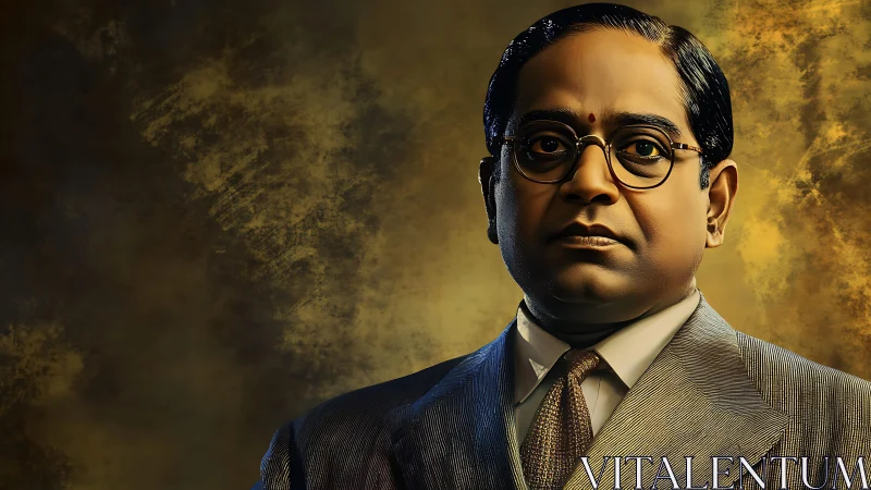 Formal portrait of bespectacled man in suit against mottled backdrop.