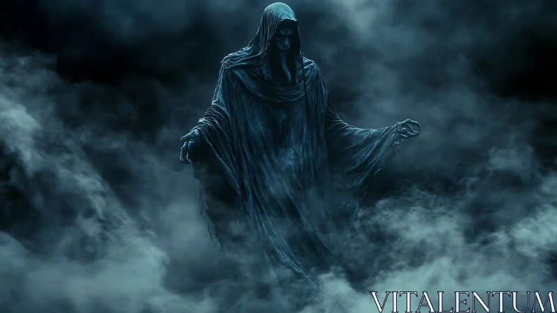 Hooded spectral entity emerges from volumetric blue fog field