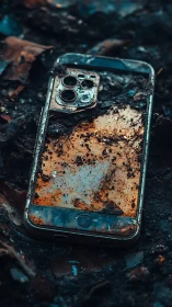 Discarded smartphone lying cracked and muddy on ground.