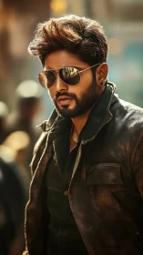 Bearded man in sunglasses and leather jacket outdoors.