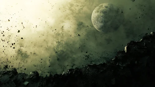 Shattered asteroid belt drifts beneath a silent green moon