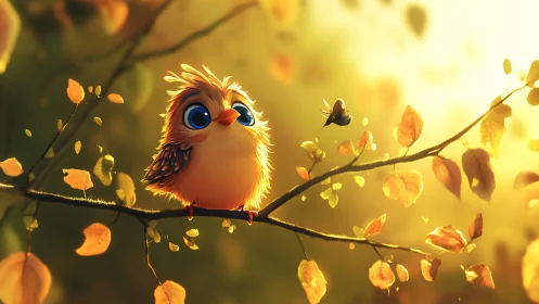Cute animated bird on autumn branch with golden sunlight.