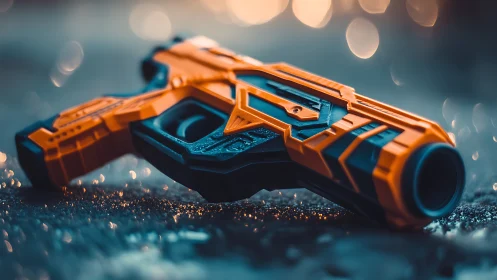 Cyberpunk macro of orange tactical pistol on wet ground.